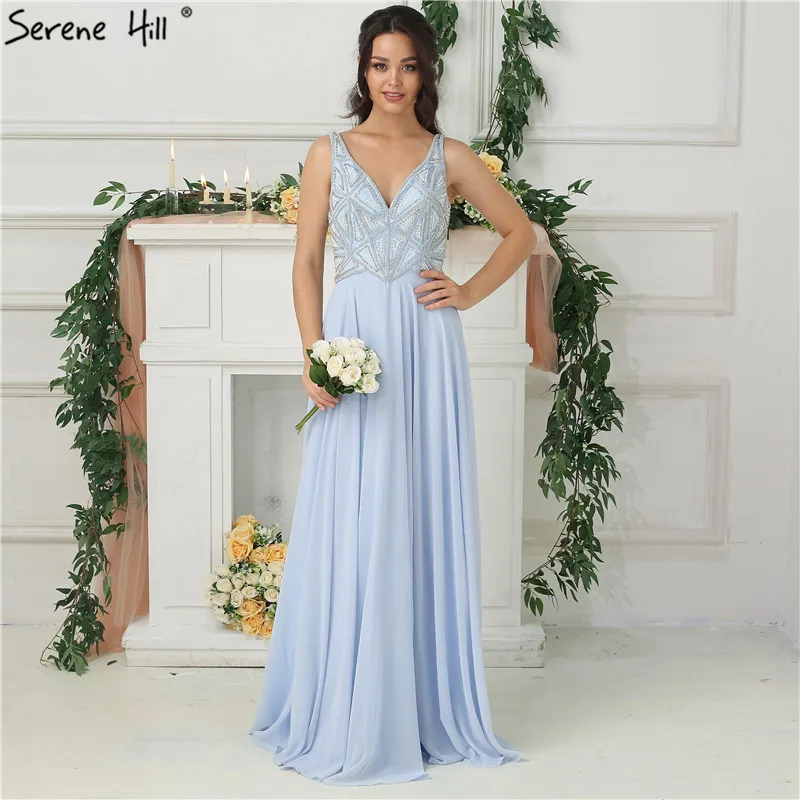 Sky Blue Chiffon Sexy Sleeveless Prom Dresses Beading Pearls V-Neck Beach Evening Gowns Real Photo LA6697