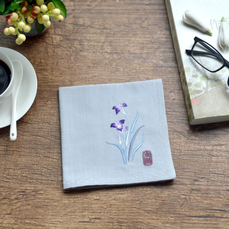  Orchid vintage style embroidery cotton and linen vintage handkerchief pocket square birthday foreig