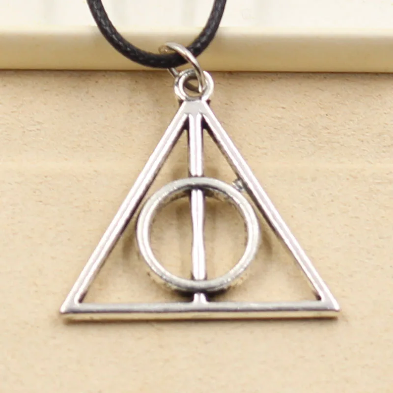 

New Fashion Tibetan Silver Pendant Deathly Hallows Necklace Choker Charm Black Leather Cord Factory Price Handmade Jewlery