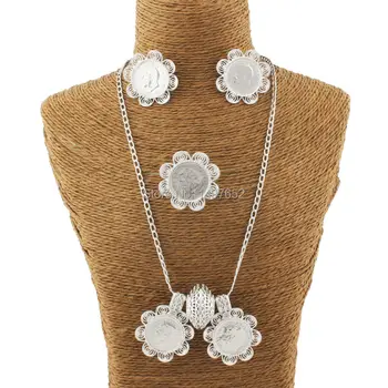

New Silver Ethiopian Coin Jewelry set Pendant Necklace Earrings Ring Silver Plated Habesha Wedding Africa Bride Gift