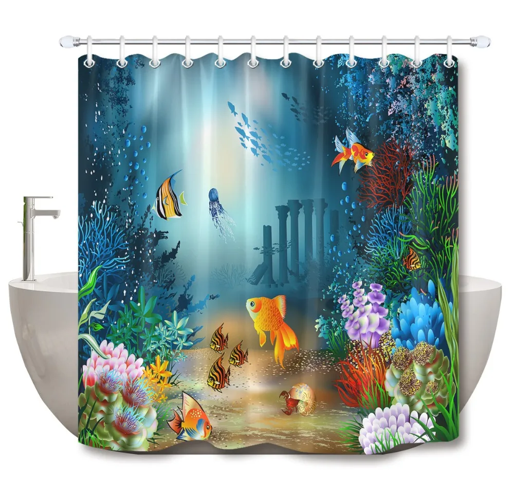 

LB 3D Seas And Oceans Fish And Coral Extra Long Underwater Shower Curtain Mat Set Waterproof Bathroom Fabric For Bathtub Decor