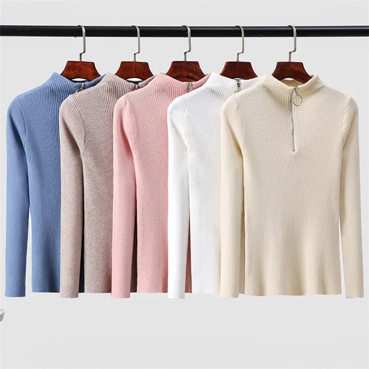 

women turtleneck sweaters pullover pink women clothing 2019 new top knit Full Zipper Solid winter clothes elastic solid sweater