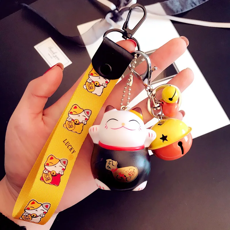 Cartoon Cute Animal Smile Face Lucky Cat Keychain Braid Belt Bells Key Ring Women Car Bag Charm Key Chains Pendant Trinkets Gift