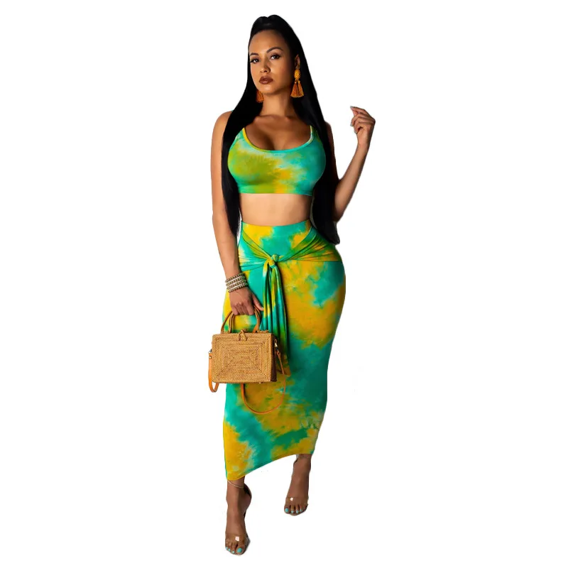 

Sexy Two Piece Set Club Outfits Tie Dye Crop Top and Midi Skirt Set Bodycon 2 Piece Summer Clothes Women Matching Sets