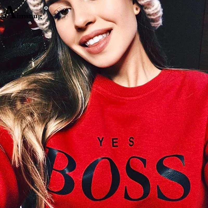 Aimsnug Women Sweatshirts Ladies Causal Letter BOSS Printed Hooded Sweatshirt Long Sleeve Pullover Tops Sudadera Mujer Pullover