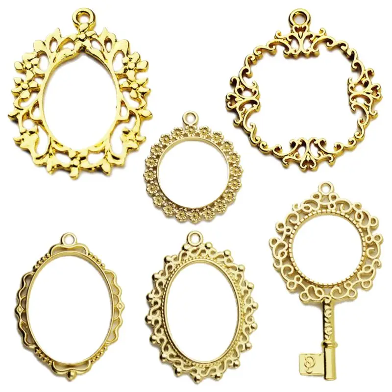 

6Pcs Retro Oval Round Metal Frame Pendant Key Open Bezel Setting Cabochon UV Resin Charm Jewelry Making Casting Craft DIY