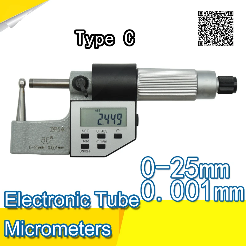 

Type C Tube Micrometers.LCD 5-key digital round head wall thickness Micrometer gauge 0-1" (0-25mm) . 1" outside micrometer