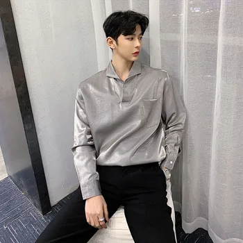

Men Korean Style Pullover Shirts Fashion Spring Autumn Casual Shirt Tide Male Bright Silk Satin Long Sleeve Thin Tops Menswear