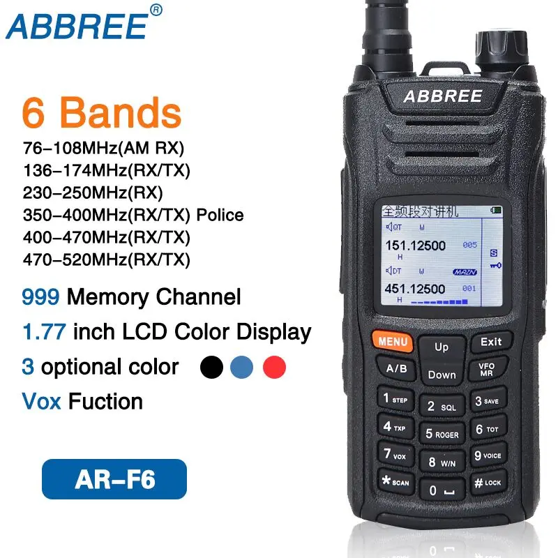 ABBREE AR-F6, 6 полос, рация, двойной дисплей, двойной 999CH, многофункциональный VOX DTMF SOS, цветной ЖК-дисплей, радиоприемник - Цвет: black