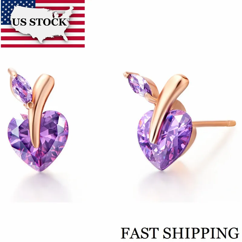 US STOCK 5% Off Jewellery Women's Rose Gold Color Heart Earrings Jewelry White Purple Stone Earrings for Women Uloveido R698