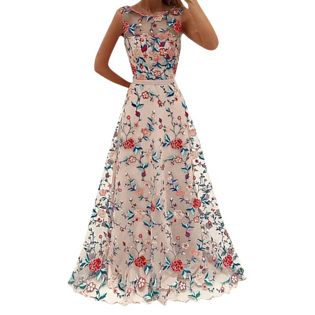 Женское летнее платье с цветочной вышивкой, кружевные платья без рукавов с круглым вырезом, женское праздничное платье Макси - Цвет: Розовый