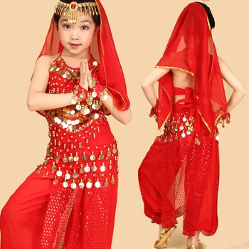 

2016 children belly dance 6pcs(top+pants+belt+headdress+veil+Bracelets) indian clothes pink / red / yellow girls belly dancesuit