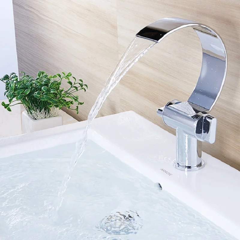 

Unique European Bathroom Basin Faucet Single Hole Big Bend Sink Mixer Double Handle Waterfall Hot and Cold Basin Mixer Curved