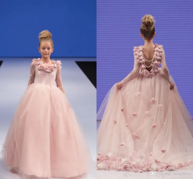 Cheap Pageant Dresses Little Girls Sleeves Lace Appliques Rosette Open V Back Ruffle Kids Toddler Pink Infant Mesh Ball Gowns 0-14Y