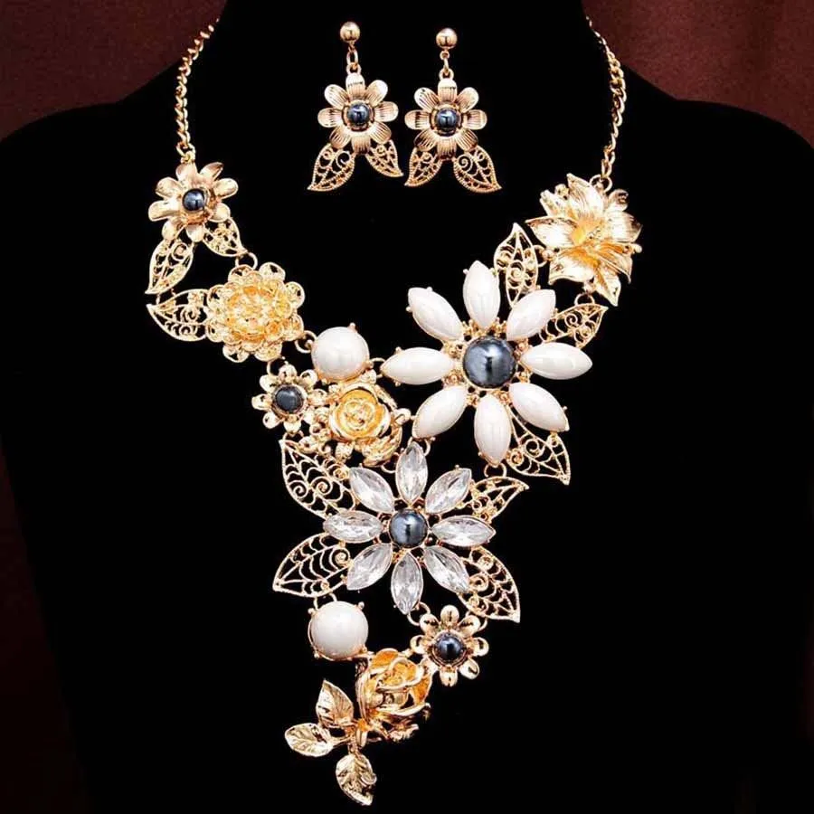 Big Size Colorful Flower Jewelry Set Golden Plated Big Statement Necklace Earrings Set collier Femme luxury Jewellery Women Sets
