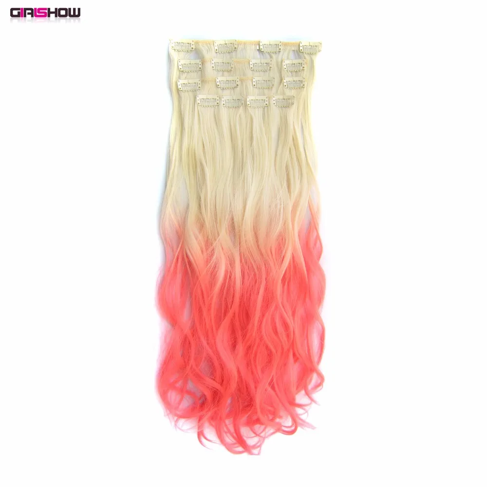 

Girlshow Clip in on synthetic Dip dye Hair Extensions 7pcs/set 22" Long wavy Heat resistance fibre ombre Hair MS-888, 90g/set