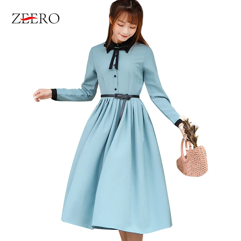 

Elegant Office Lady Pleated Dress Slim Women Vintage Empire Mori Girl Bowknot Midi Dress Long Sleeve Belt Spring Casual Vestidos