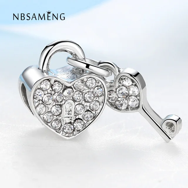 

New Silver Plated Bead Charm Heart Lock & Key With Full Crystal Pendant Beads Fit Pandora Diy Bracelet & Bangle Jewelry