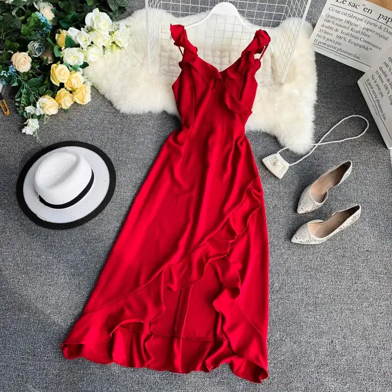 

Spring and summer new beach holiday suspender skirt strapless solid color high waist irregular ruffled long dress