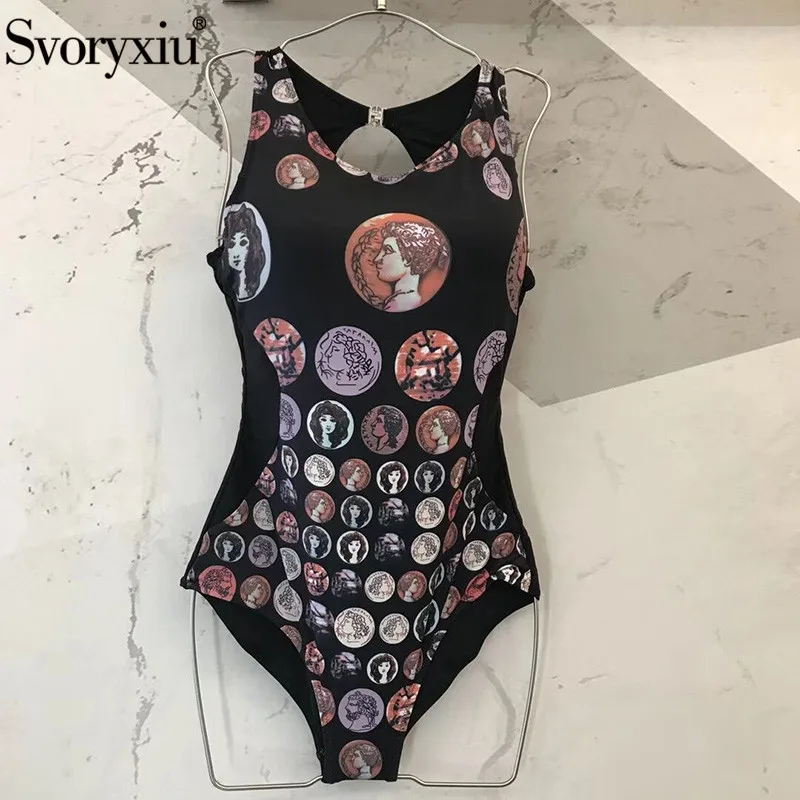 

Svoryxiu 2019 Summer Designer Sexy Black Bikinis Bodysuits Women's Vintage Character Print Bodycon Bodysuits Monokini May