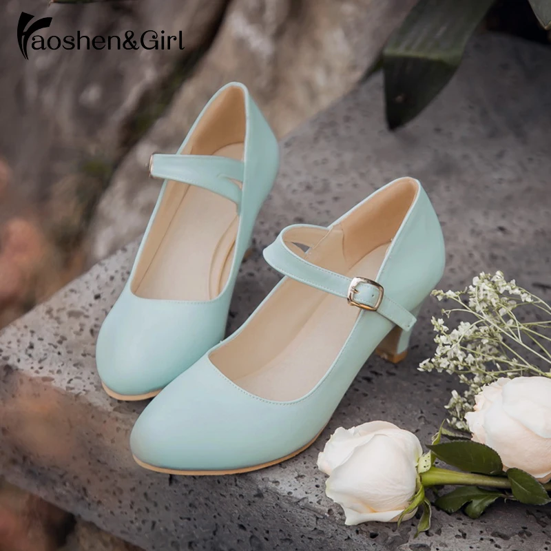 

Haoshen&Girl 2019 Spring/Autumn New Women Pumps Mary Janes Med Heel Ankle Strap Round Toe White Sweet Casual shoe Big Size 33-43