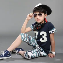 Fashion Design Boys Army Style Summer Clothes Set Kids Cotton Blouse Print Camouflage Shorts Suit Set