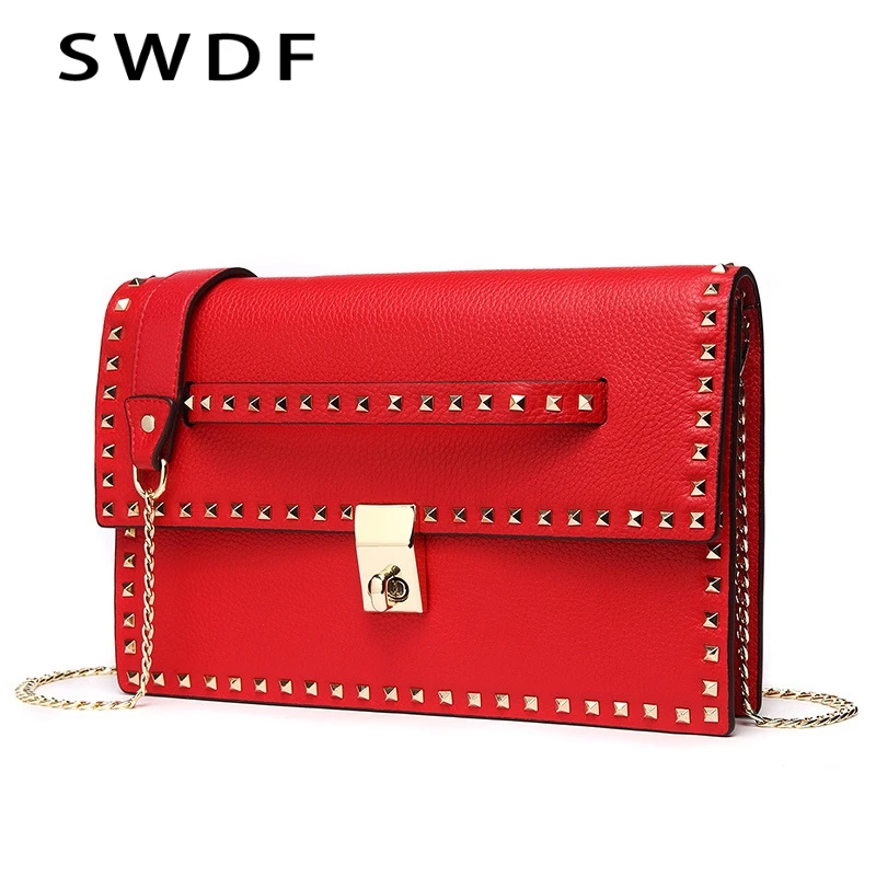 

SWDF Retro Women Winter Envelope National Shoulder New Handbag Rivet Crossbody Bags Genuine Leather Shoulder Bags Ladies Bolsa