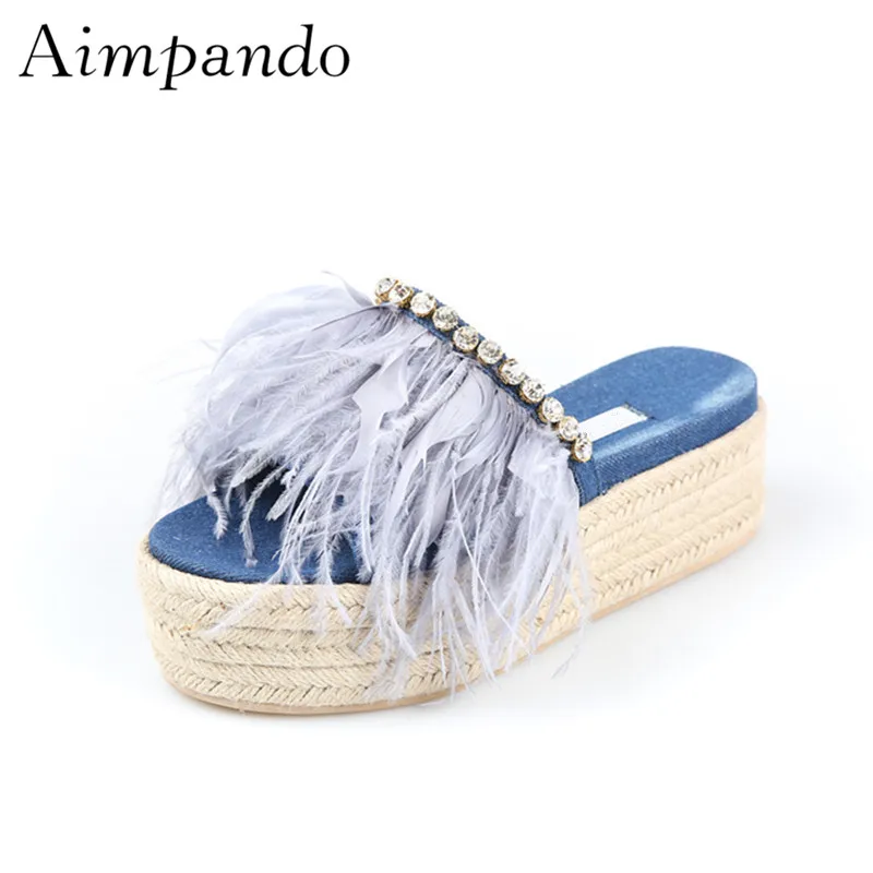 

Outwear Slippers Women Flat Platform 6cm Open Toe Crystal Feather Summer Shoes Denim Shoes Woman