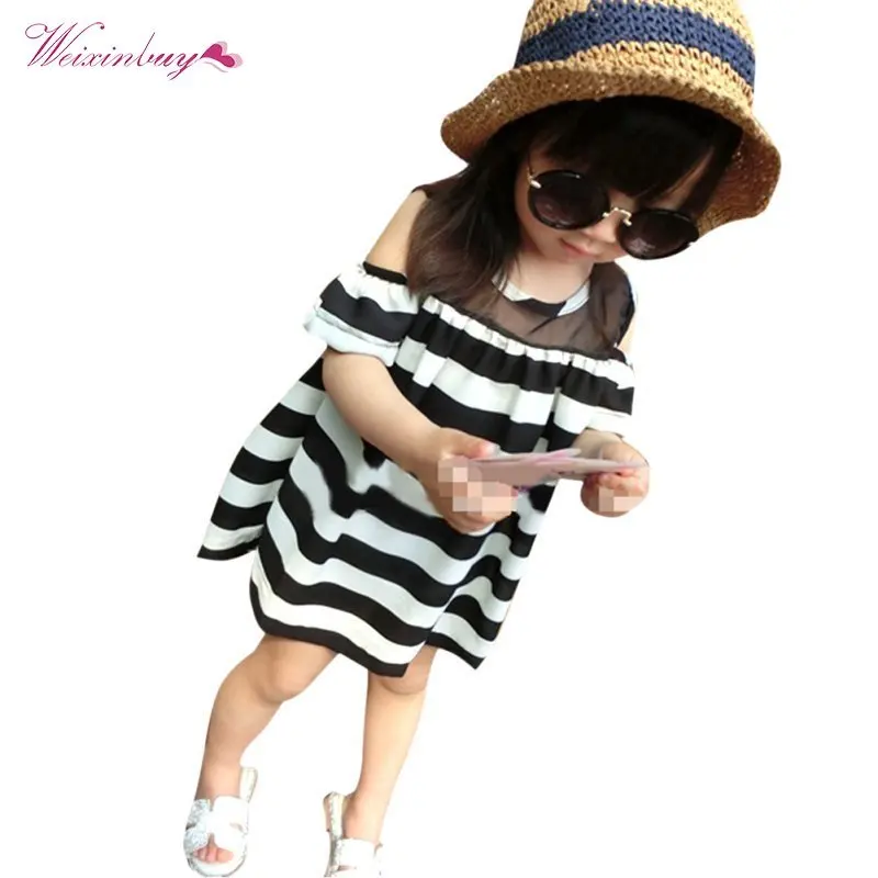 

WEIXINBUY HOT Toddler Infant Baby Girls Sheerness off Shoulder Mini Shirts Striped Dress 2-6Y