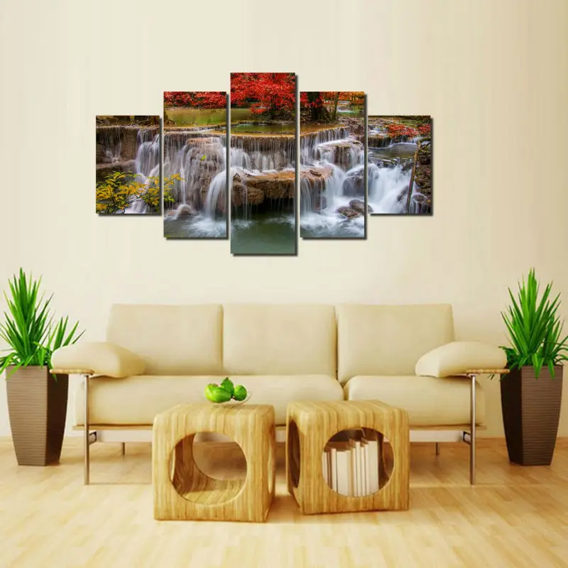 

Canvas Painting Frame Wall Art Home Decor 5 Piece Red Maple Tree Lake Waterfall Landscape Poster For Living Room Pictures
