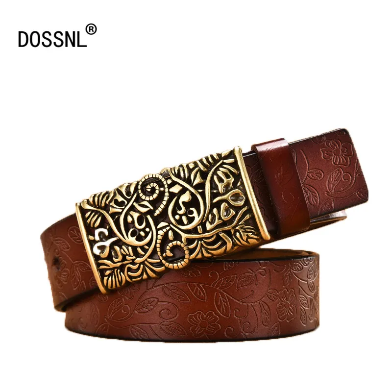 

DOSSNL Top Quality Waistband Cowskin Leather Lady Belt Vintage Pin Buckle Hollow Flower Fashion Woman Jeans Girdle Female B004