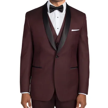 

Burgundy Wedding Groomsmen Tuxedos for Groom Men Wear with Black Shawl Lapel Evening Prom Party Men Suits Set Jacket Pants Vest
