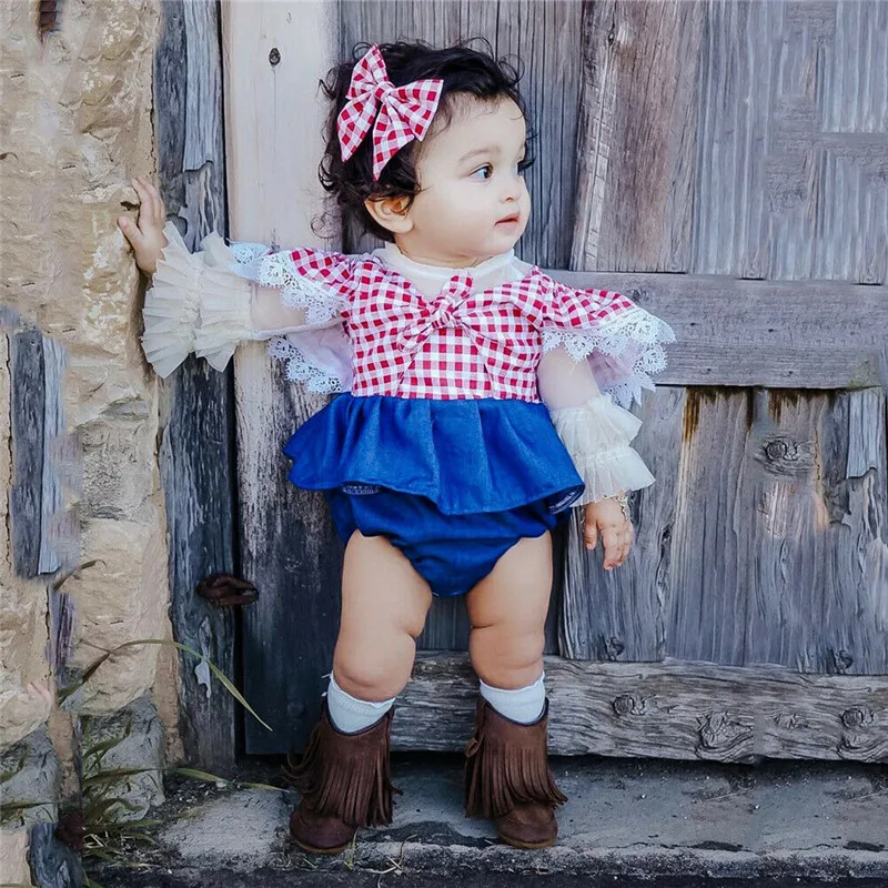 

Retro Baby Girl Denim Bodysuit Dress Summer Bow Tie Short Sleeve Plaid Lace Jumpsuits Casual Infant Toddler 1-3year Overalls