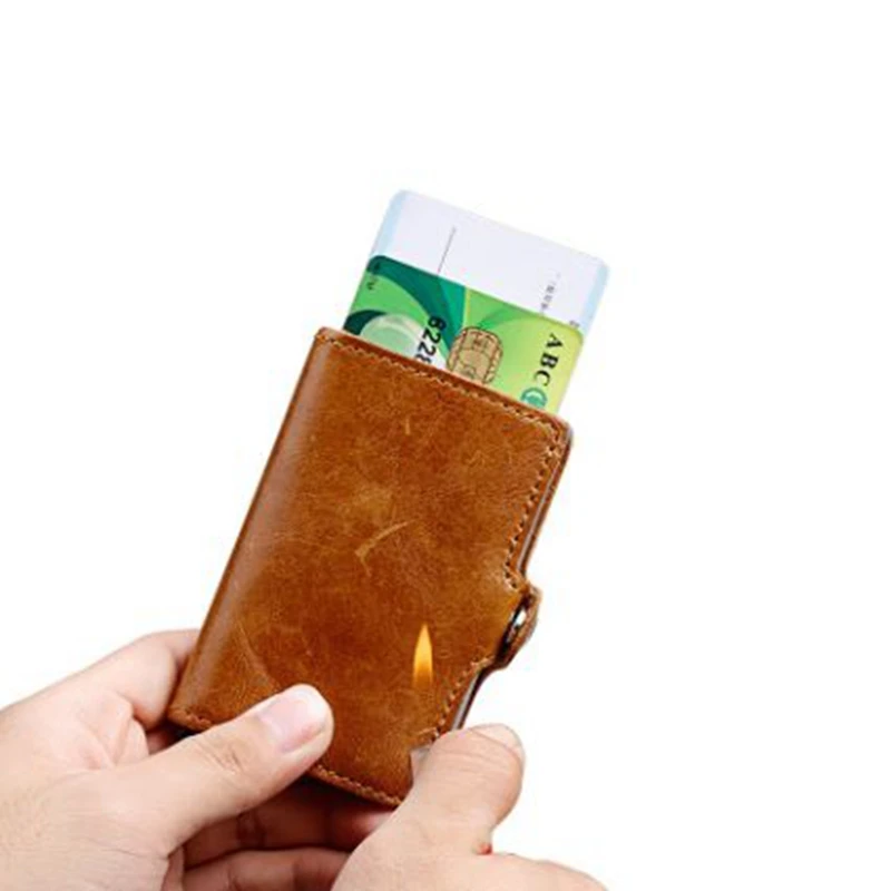 Для женщин и мужчин Блокировка Rfid кошелек из натуральной кожи Бизнес алюминиевый кредитный держатель для карт кошелек автоматический скользящий Чехол для карт 3 цвета