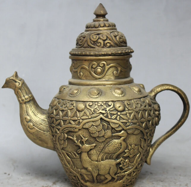 

8" Marked China Palace Brass Deer Crane Bird Flowers Handle Wine Tea Pot Flagon S0705