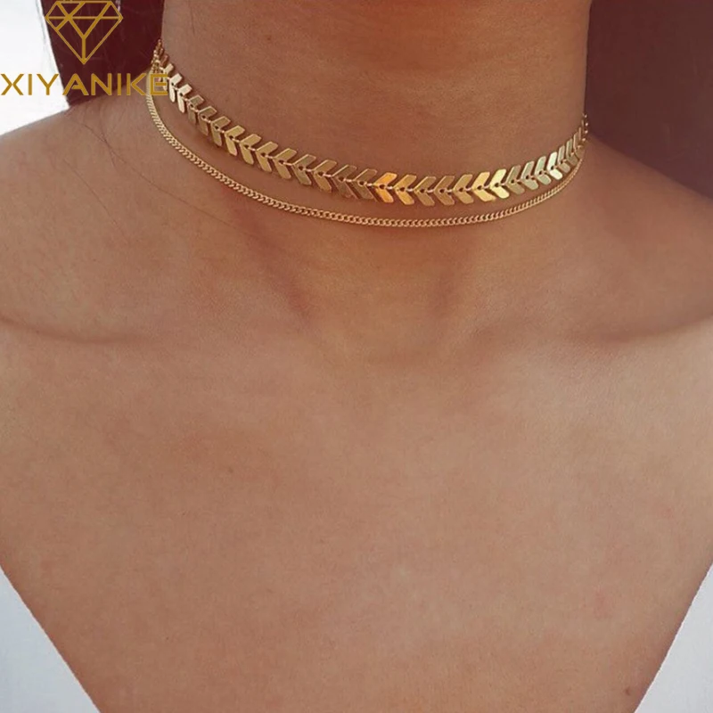 XIYANIKE богемные блестки рыбьей кости Чокеры ожерелье простые двойные слои золотого цвета ожерелье для женщин ювелирные аксессуары N166