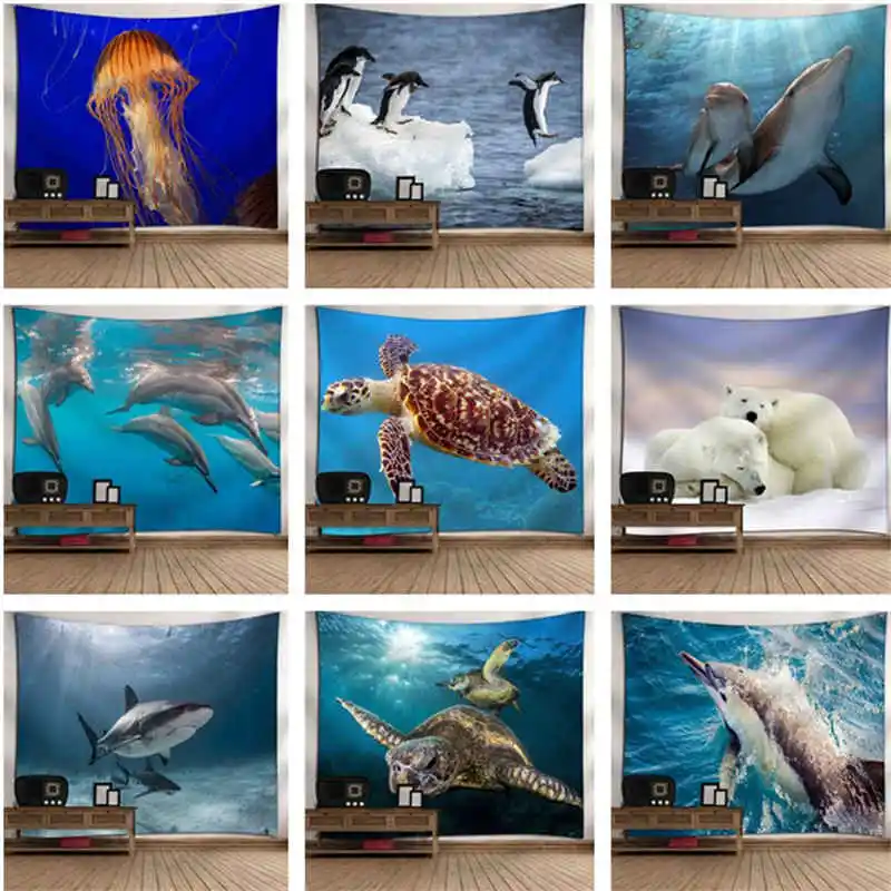 

marine life wall hanging tapestry wall art decor beach throw table runner dolphin turtle polar bear shark penguin jelly tapestry