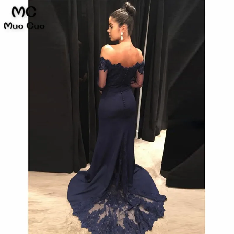 Off the Shoulder Navy Mermaid Prom Dresses with Long Sleeves APD30703
