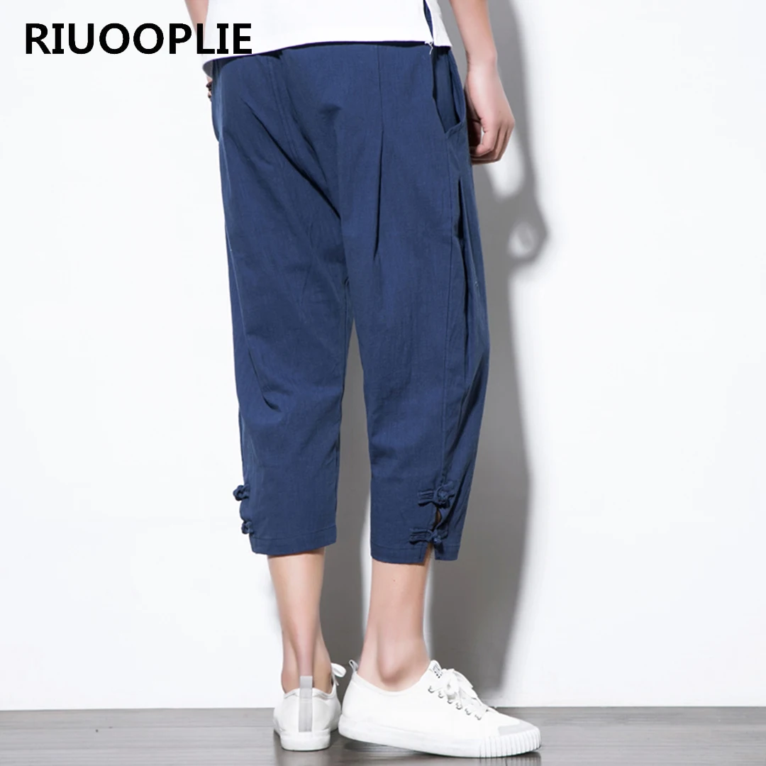 RIUOOPLIE Men Chinese Style Haren Pants Elastic Waist Loose Seven Points Jogger Pants 2