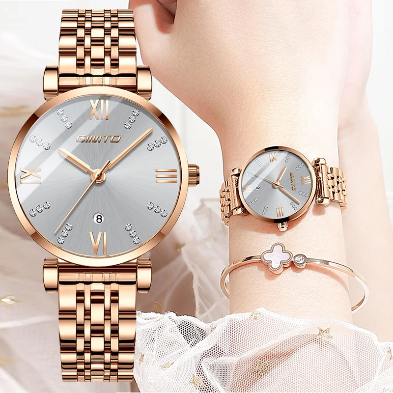 

GIMTO Rose Gold Luxury Crystal Womens Watches Steel Bracelet Quartz Wristwatch Date Lady Watch Female relogio feminino