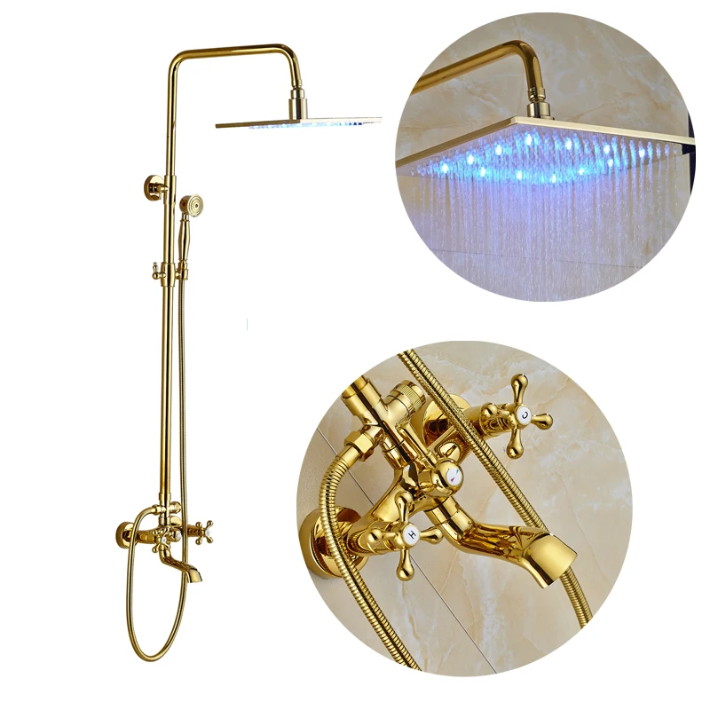Modern Style Golden Bathroom Shower Faucet Sets 16" LED Shower Head
