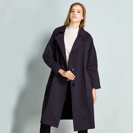 Пальто Модные женские туфли Осень плюс размер свободные однотонные хлопковые Тренч тонкий пальто - Цвет: Тёмно-синий