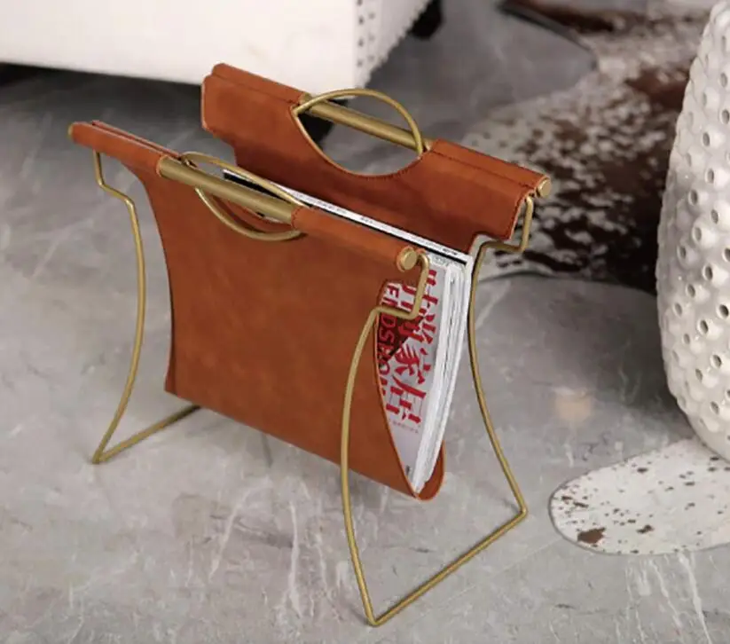 Modern Bookshelf Leather Magazine Rack Creative Desktop Newspaper Rack Floor Rack Small Bookshelf Metal Frame Magazine Holder