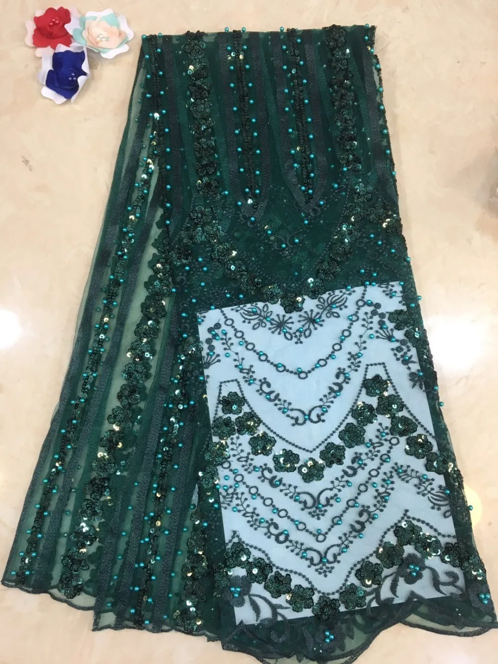 

French lace fabric 5yds/pce dhl green sequins embroidery mesh fabrics women gorgeous luxury bright show party event dress 2019