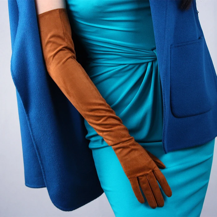 Замшевые перчатки черные матовые отшлифовать замши моделирование кожа без выстроились Женская длинная куртка с секциями 60 см TB23