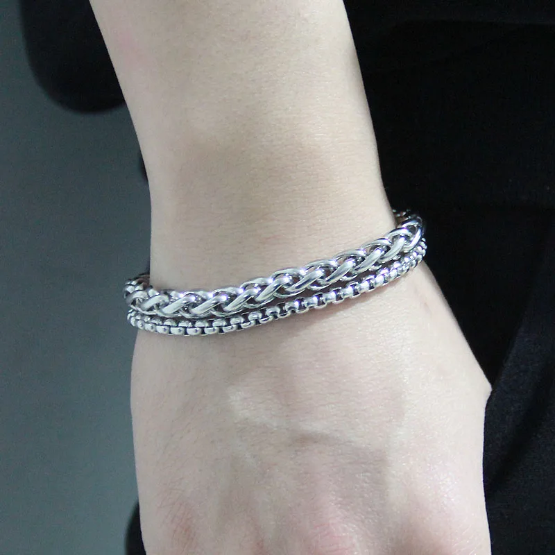 

Dropshipping Unique Men's Bracelet Double Chain Bracelet Silver Stainless Steel Wheat Box Chain Link Bracelets Male Jewelry