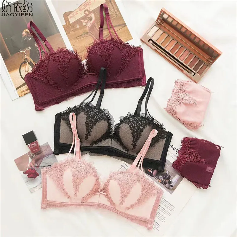 

Sexy Embroidery Flower Bow Lingerie Charm Women Seamless Push Up Bra Set Mesh Lace High Quality Lucky Girl Underwear Lace Pant