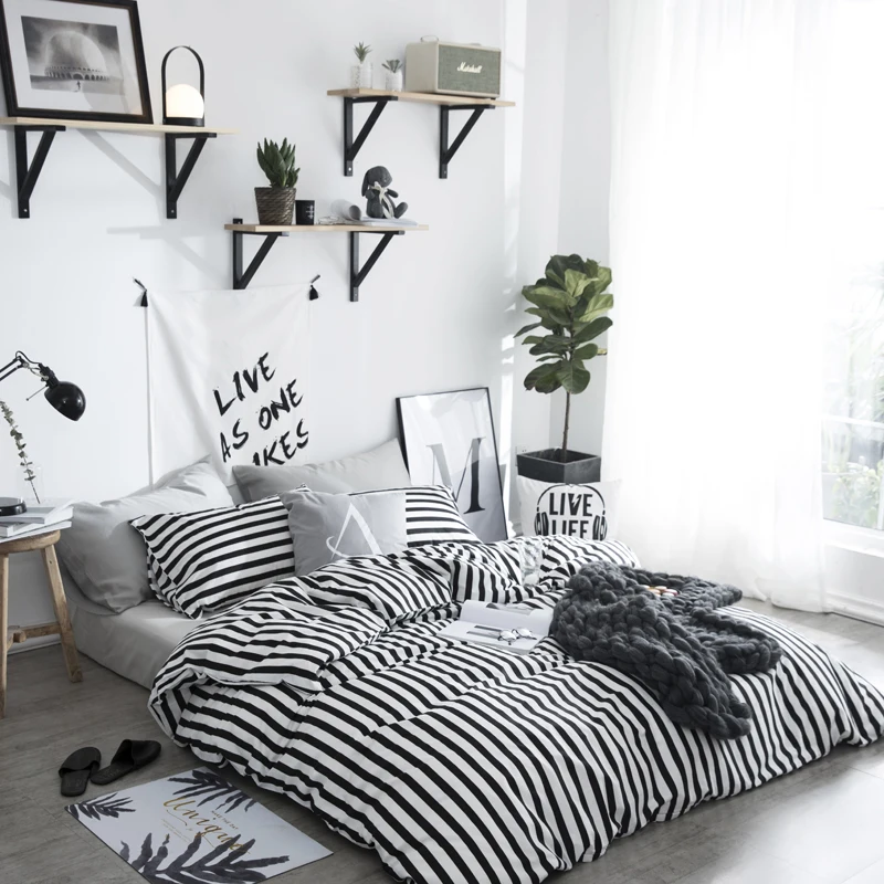

100% Cotton Bedding Brief Stripes Duvet Cover Set white black Bed flat Sheet Pillow Case Twin Queen Size For Adults bedclothes