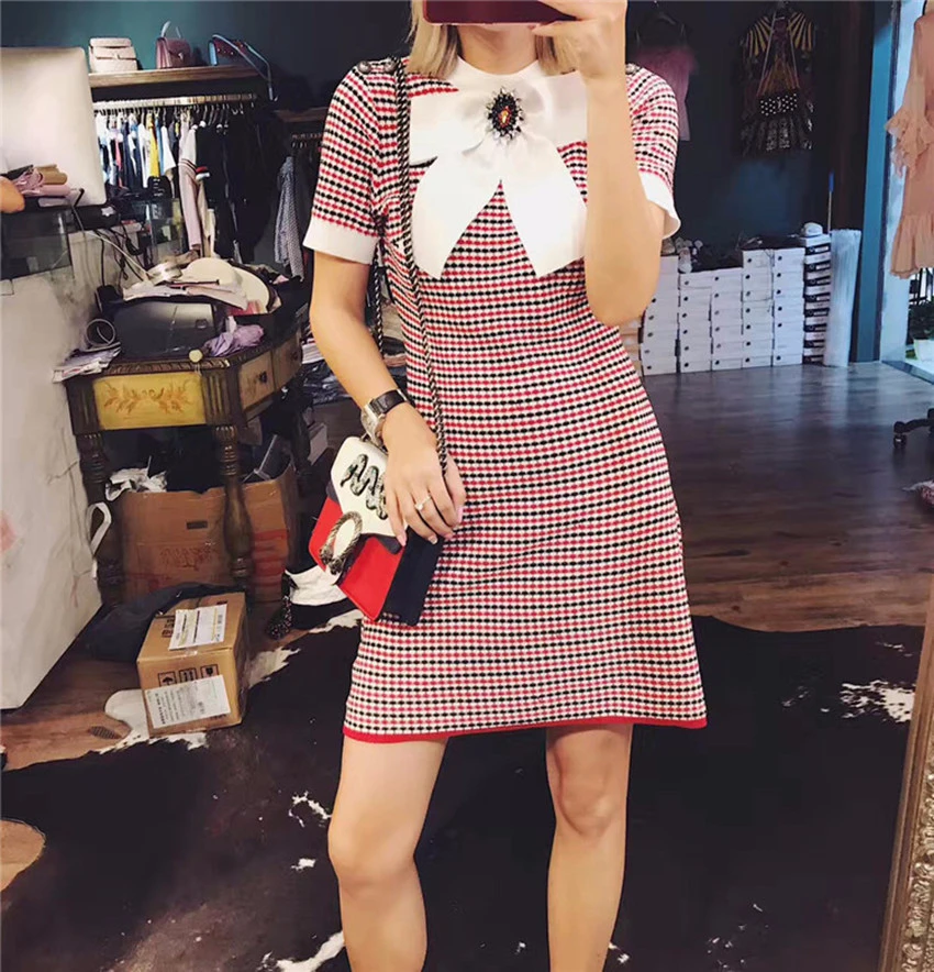 

Diamonds Bow collar fashion women dress short sleeve patchwork plaid dresses 2019 aummer and autumn elegant vestidos