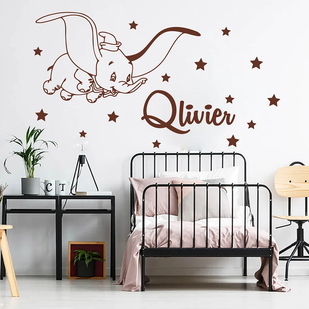 Cartoon Custom Name Dumbo Star Wall Decal Kids Room Bedroom Personalized Name Dumbo Animal Wall Sticker Nursery Vinyl Decor (6)